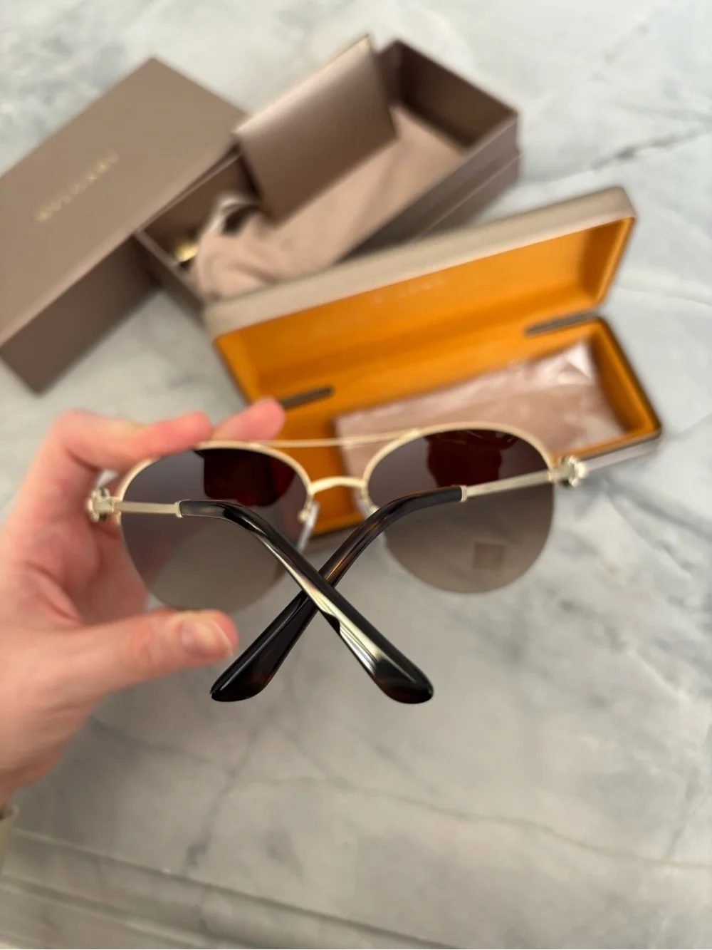 Bulgari Gold Frame Sunglasses with Brown Gradient Lenses and Black Temple Tips